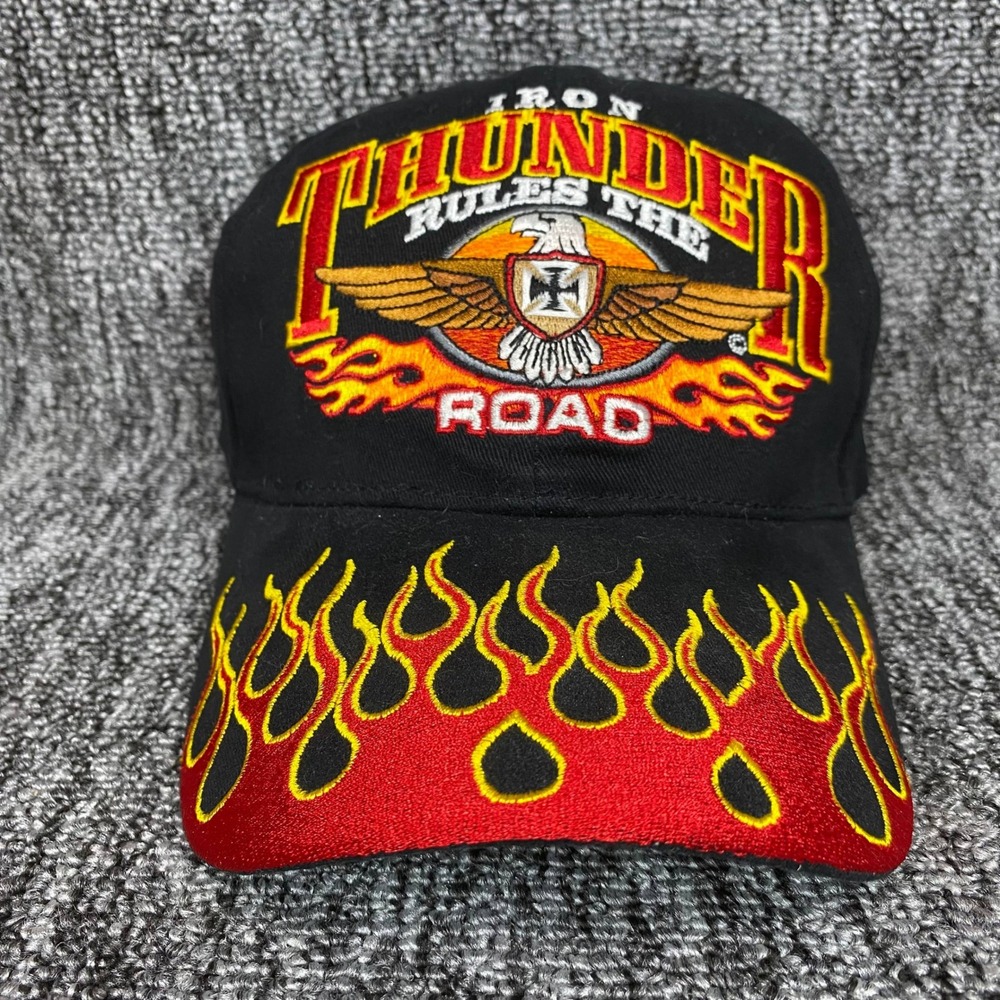 VTG CSI Iron Thunder Rules The Road Biker Strapback Hat Flame Brim Black Cap